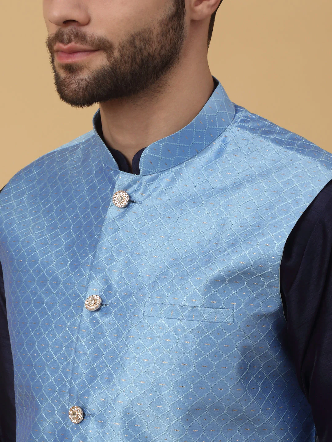 KRAFT INDIA Men's Silk Blend Navy Blue Kurta, Churidar With Silk Blend Geometric Nehru Jacket set - Image 8