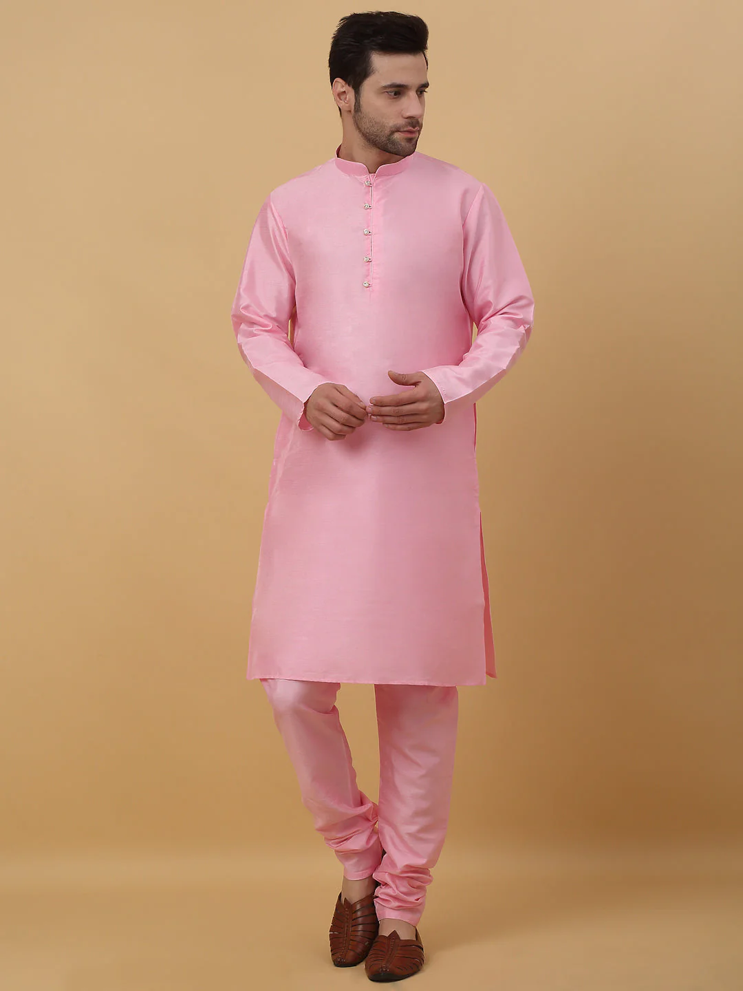 KRAFT INDIA Men's Silk Blend Pink Kurta, Churidar with Cotton Silk Embroided Sequenced Nehru Jacket Set - Image 14