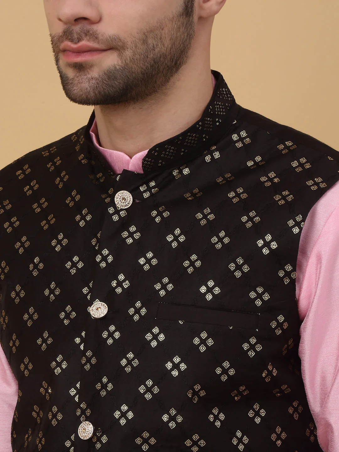 KRAFT INDIA Men's Silk Blend Pink Kurta, Churidar with Cotton Silk Embroided Sequenced Nehru Jacket Set - Image 3