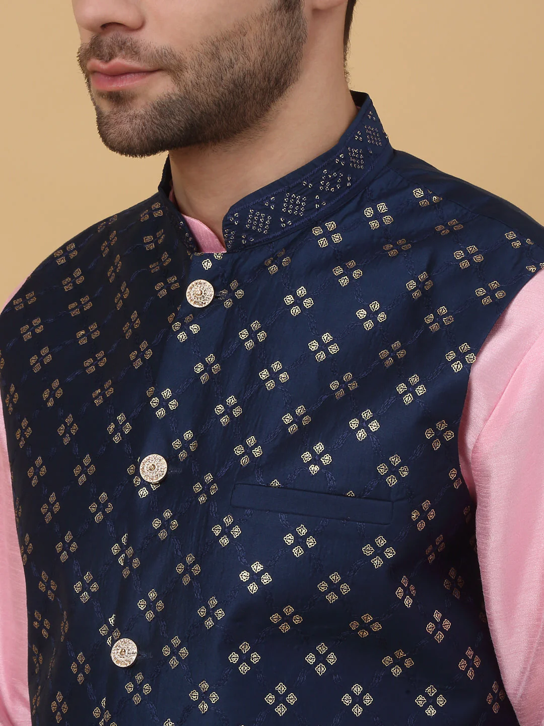 KRAFT INDIA Men's Silk Blend Pink Kurta, Churidar with Cotton Silk Embroided Sequenced Nehru Jacket Set - Image 8