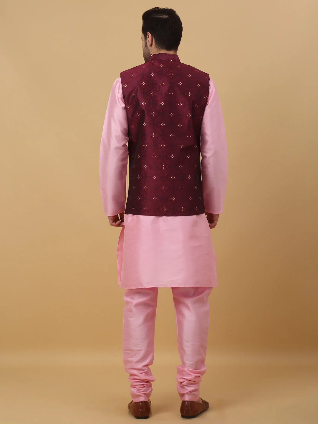 KRAFT INDIA Men's Silk Blend Pink Kurta, Churidar with Jacquard Silk Blend Floral Nehru Jacket Set - Image 2