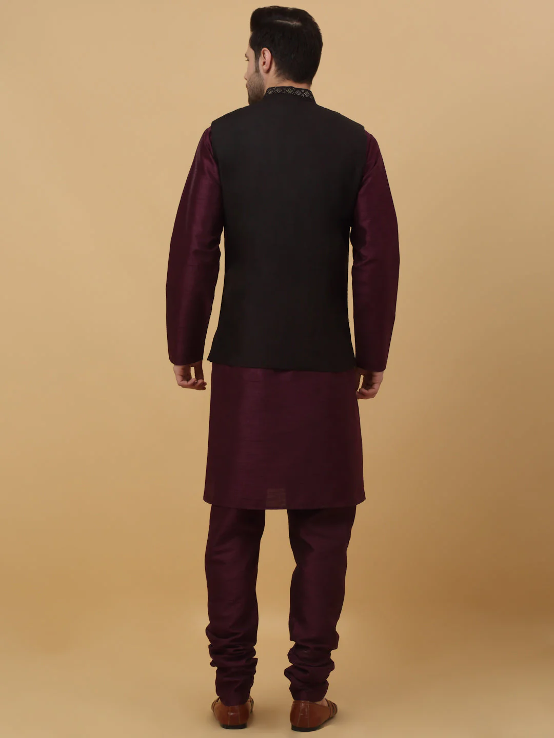 KRAFT INDIA Men's Silk Blend Purple Kurta, Churidar with Cotton Silk Embroided Sequenced Nehru Jacket Set - Image 2