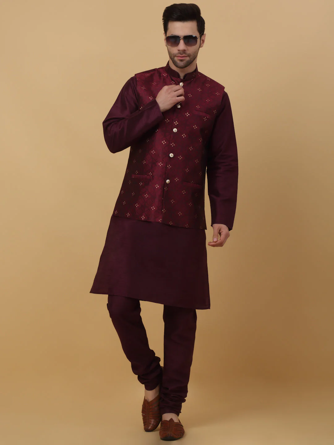 KRAFT INDIA Men's Silk Blend Purple Kurta, Churidar with Jacquard Silk Blend Floral Nehru Jacket Set