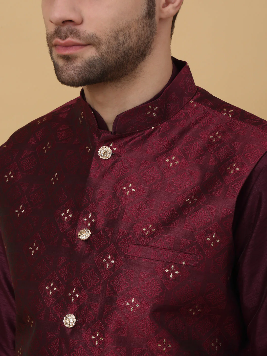 KRAFT INDIA Men's Silk Blend Purple Kurta, Churidar with Jacquard Silk Blend Floral Nehru Jacket Set - Image 3