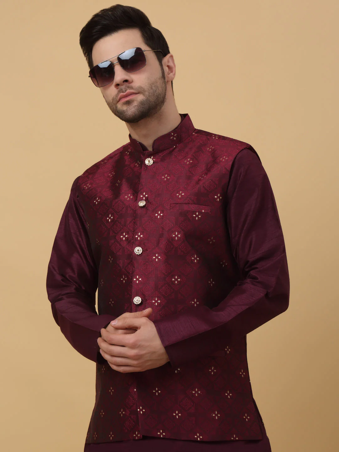 KRAFT INDIA Men's Silk Blend Purple Kurta, Churidar with Jacquard Silk Blend Floral Nehru Jacket Set - Image 5