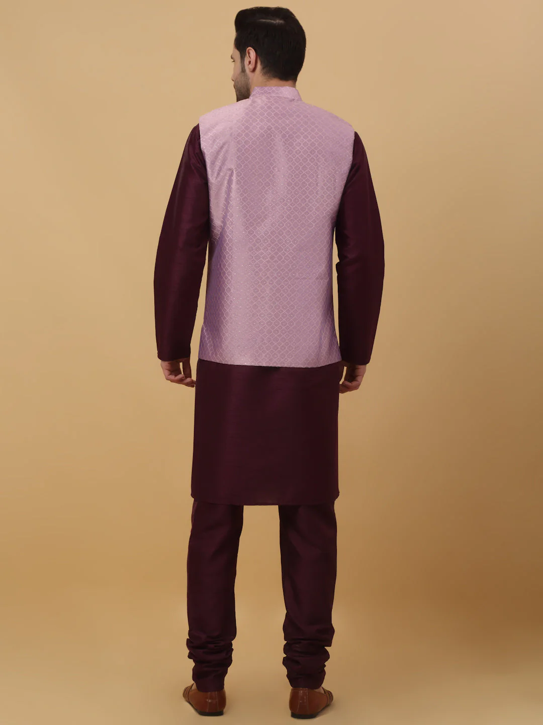 KRAFT INDIA Men's Silk Blend Purple Kurta, Churidar With Silk Blend Geometric Nehru Jacket set - Image 2