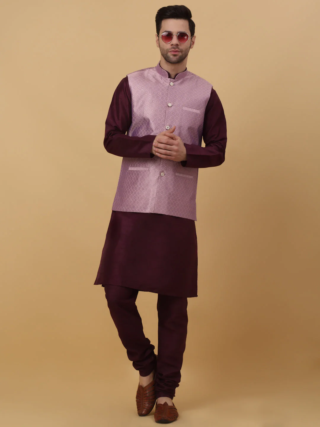KRAFT INDIA Men's Silk Blend Purple Kurta, Churidar With Silk Blend Geometric Nehru Jacket set - Image 20