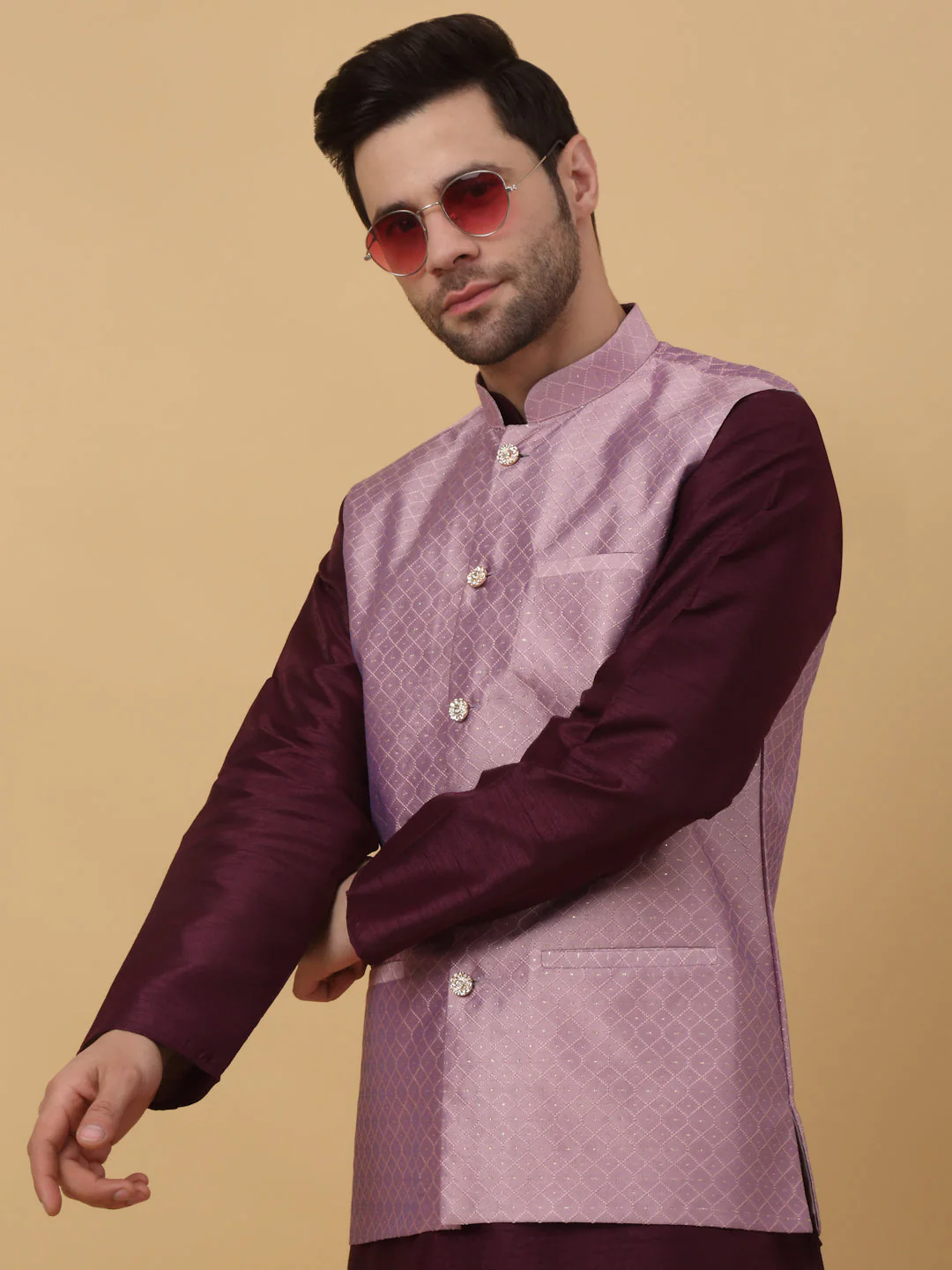 KRAFT INDIA Men's Silk Blend Purple Kurta, Churidar With Silk Blend Geometric Nehru Jacket set - Image 5