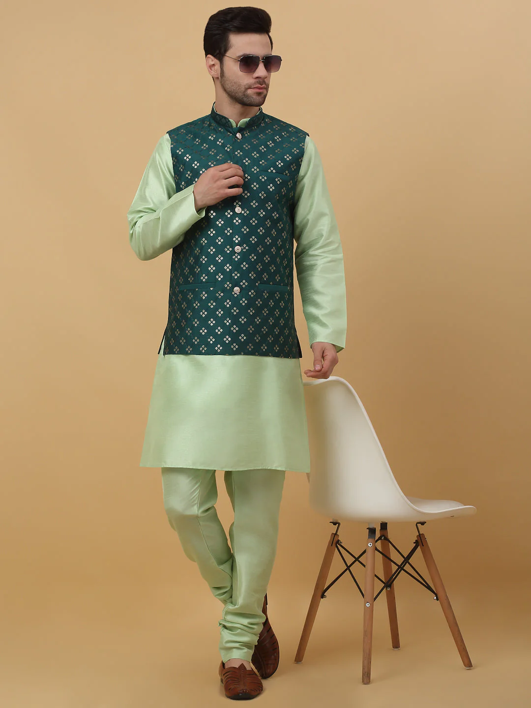 KRAFT INDIA Men's Silk Blend Sea Green Kurta, Churidar with Cotton Silk Embroided Sequenced Nehru Jacket Set - Image 21