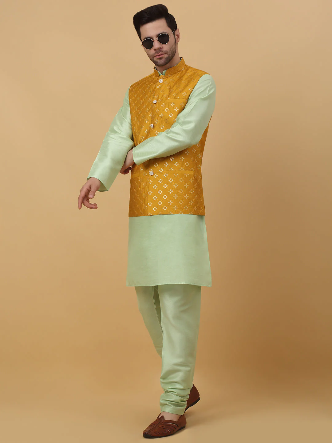 KRAFT INDIA Men's Silk Blend Sea Green Kurta, Churidar with Cotton Silk Embroided Sequenced Nehru Jacket Set - Image 29