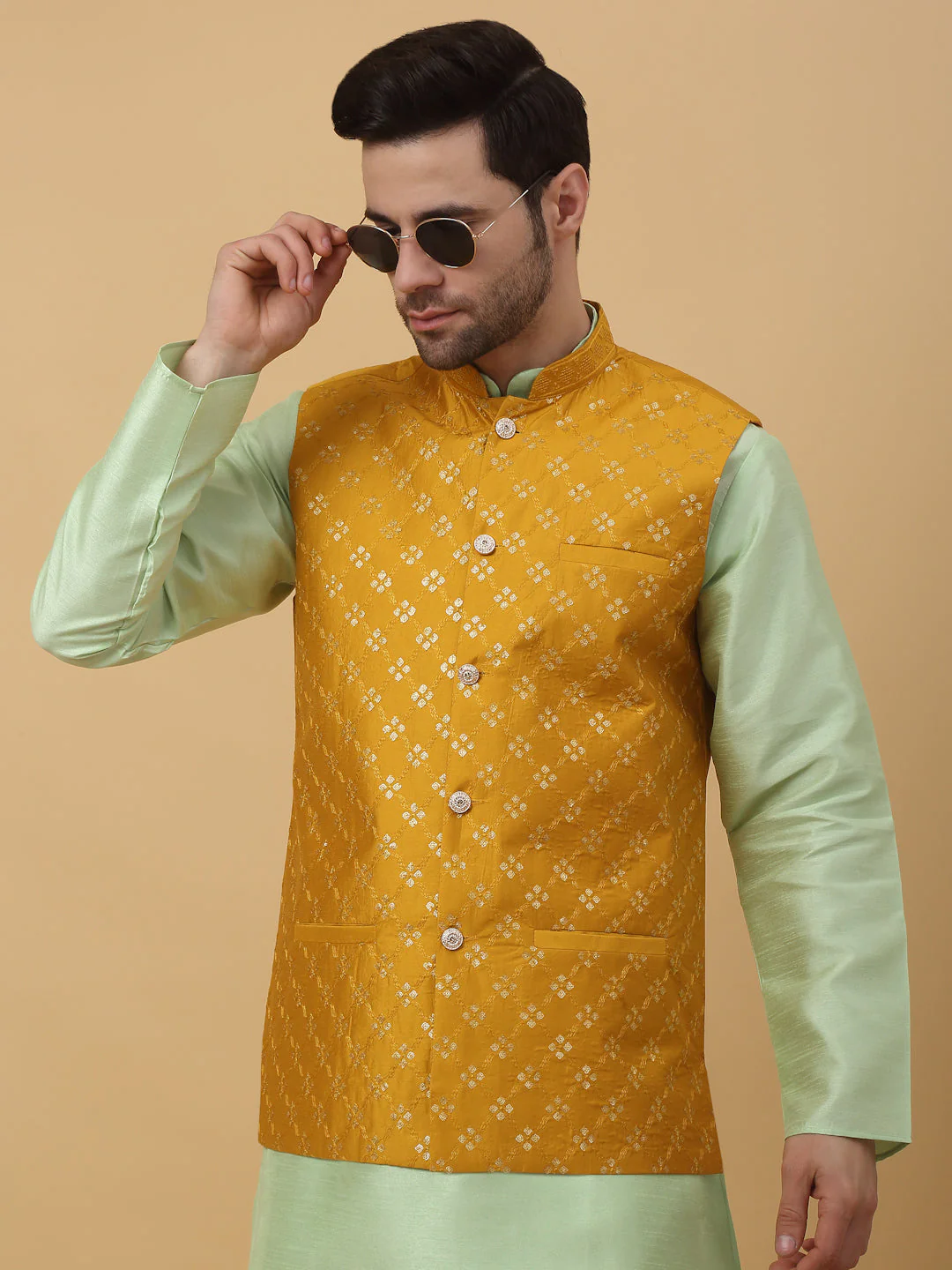 KRAFT INDIA Men's Silk Blend Sea Green Kurta, Churidar with Cotton Silk Embroided Sequenced Nehru Jacket Set - Image 9
