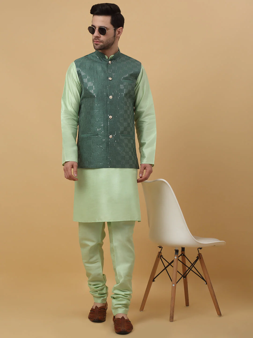 KRAFT INDIA Men's Silk Blend Sea Green Kurta, Churidar With Cotton Silk Sequenced Embroided Nehru Jacket set