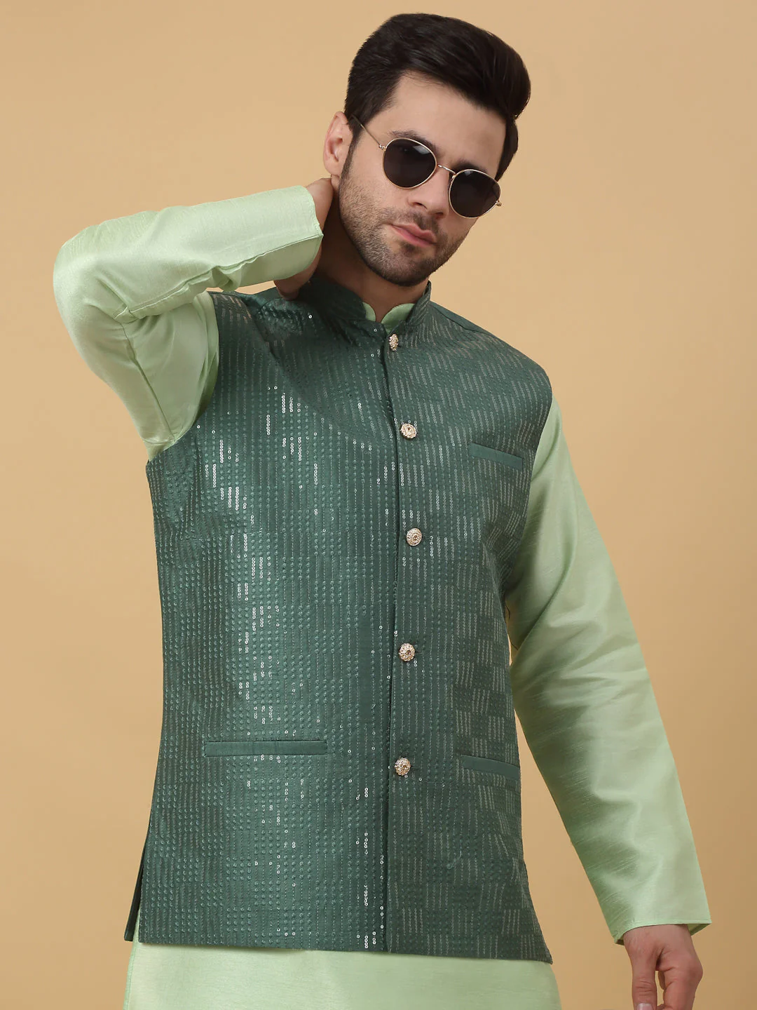 KRAFT INDIA Men's Silk Blend Sea Green Kurta, Churidar With Cotton Silk Sequenced Embroided Nehru Jacket set - Image 4