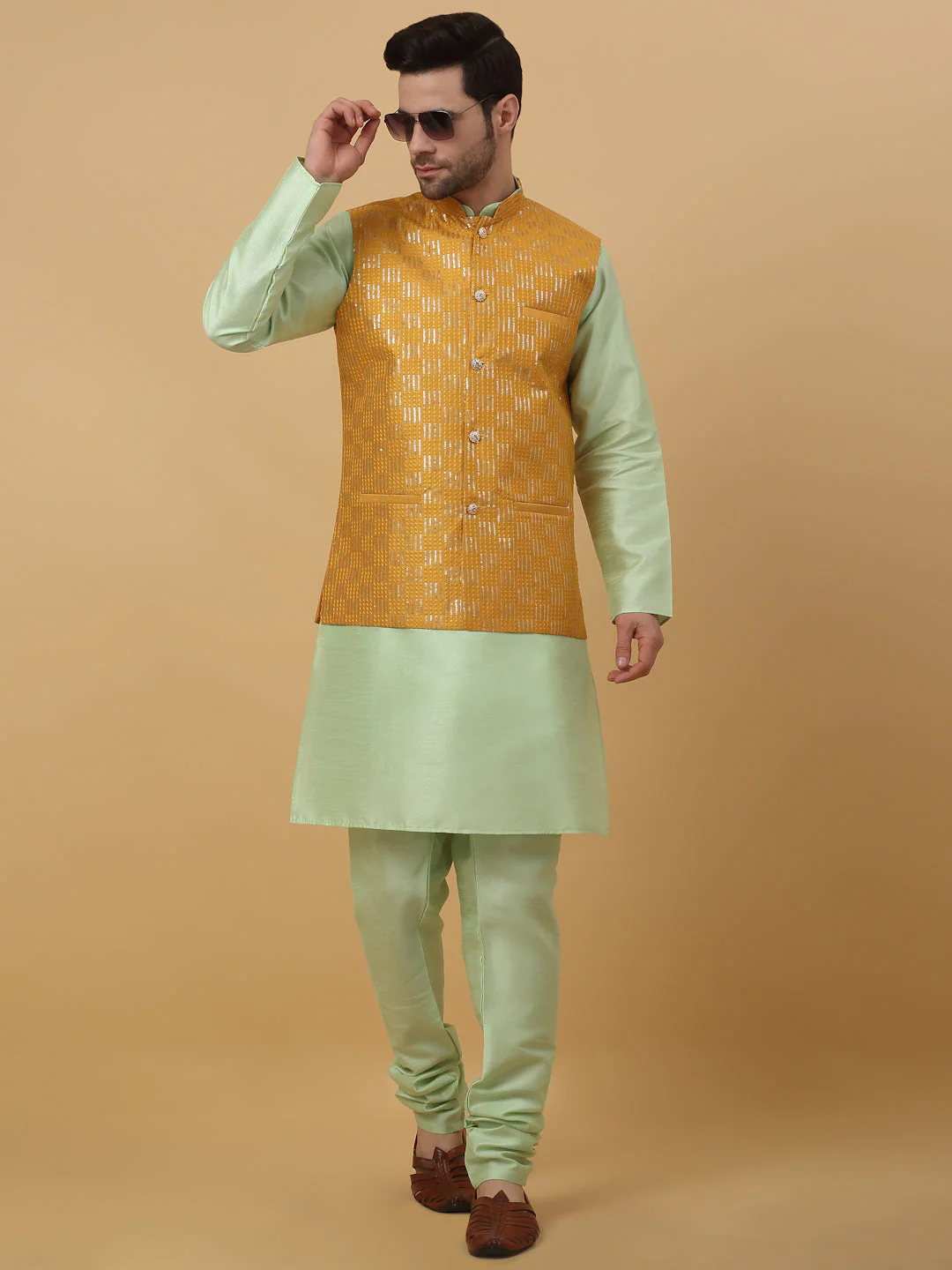 KRAFT INDIA Men's Silk Blend Sea Green Kurta, Churidar With Cotton Silk Sequenced Embroided Nehru Jacket set - Image 5