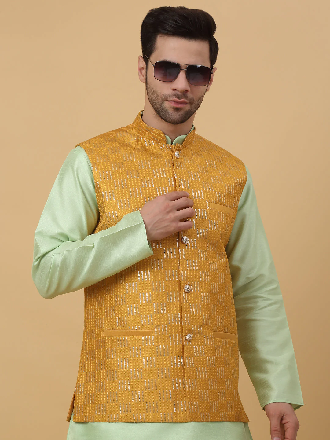 KRAFT INDIA Men's Silk Blend Sea Green Kurta, Churidar With Cotton Silk Sequenced Embroided Nehru Jacket set - Image 9