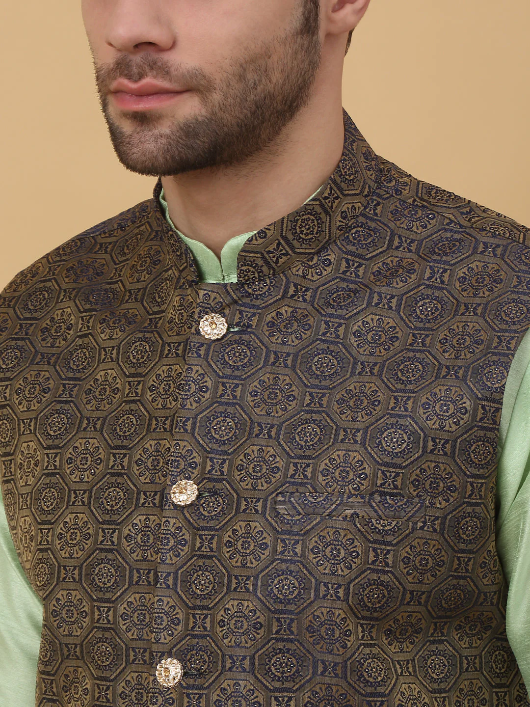 KRAFT INDIA Men's Silk Blend Sea Green Kurta, Churidar with Jacquard Bandhani Silk Blend Nehru Jacket Set - Image 3