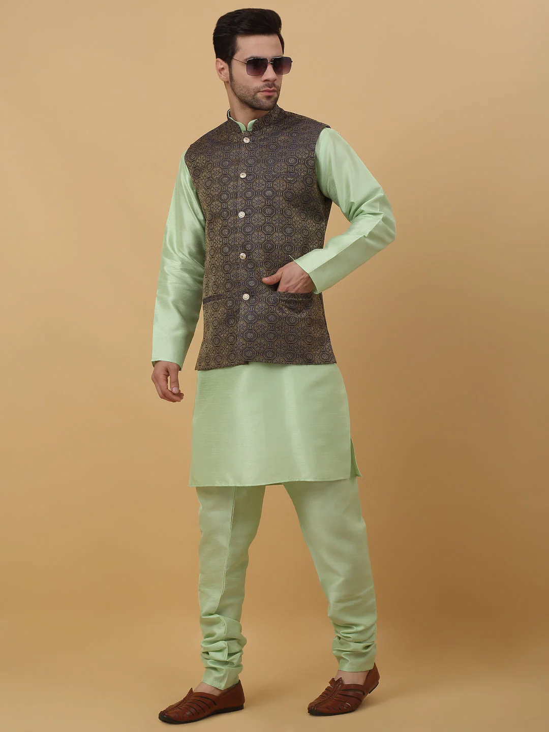 KRAFT INDIA Men's Silk Blend Sea Green Kurta, Churidar with Jacquard Bandhani Silk Blend Nehru Jacket Set - Image 50