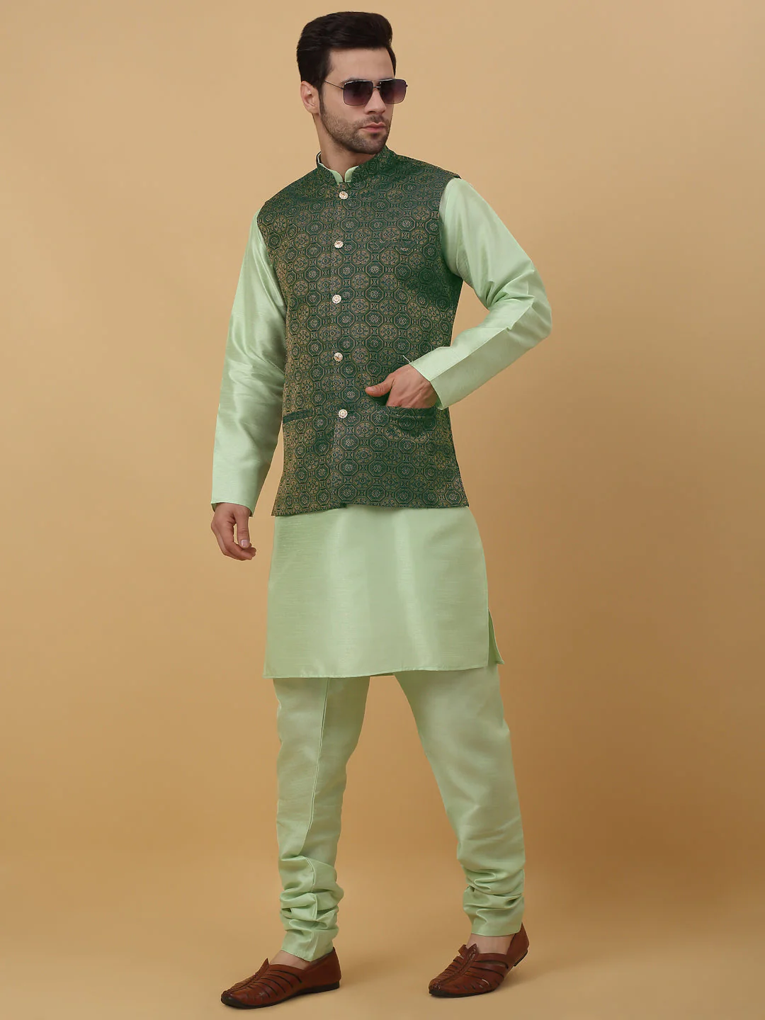 KRAFT INDIA Men's Silk Blend Sea Green Kurta, Churidar with Jacquard Bandhani Silk Blend Nehru Jacket Set - Image 69