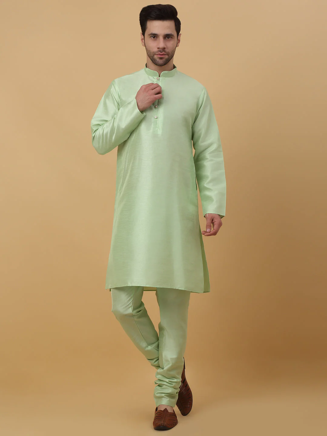 KRAFT INDIA Men's Silk Blend Sea Green Kurta, Churidar with Jacquard Bandhani Silk Blend Nehru Jacket Set - Image 9