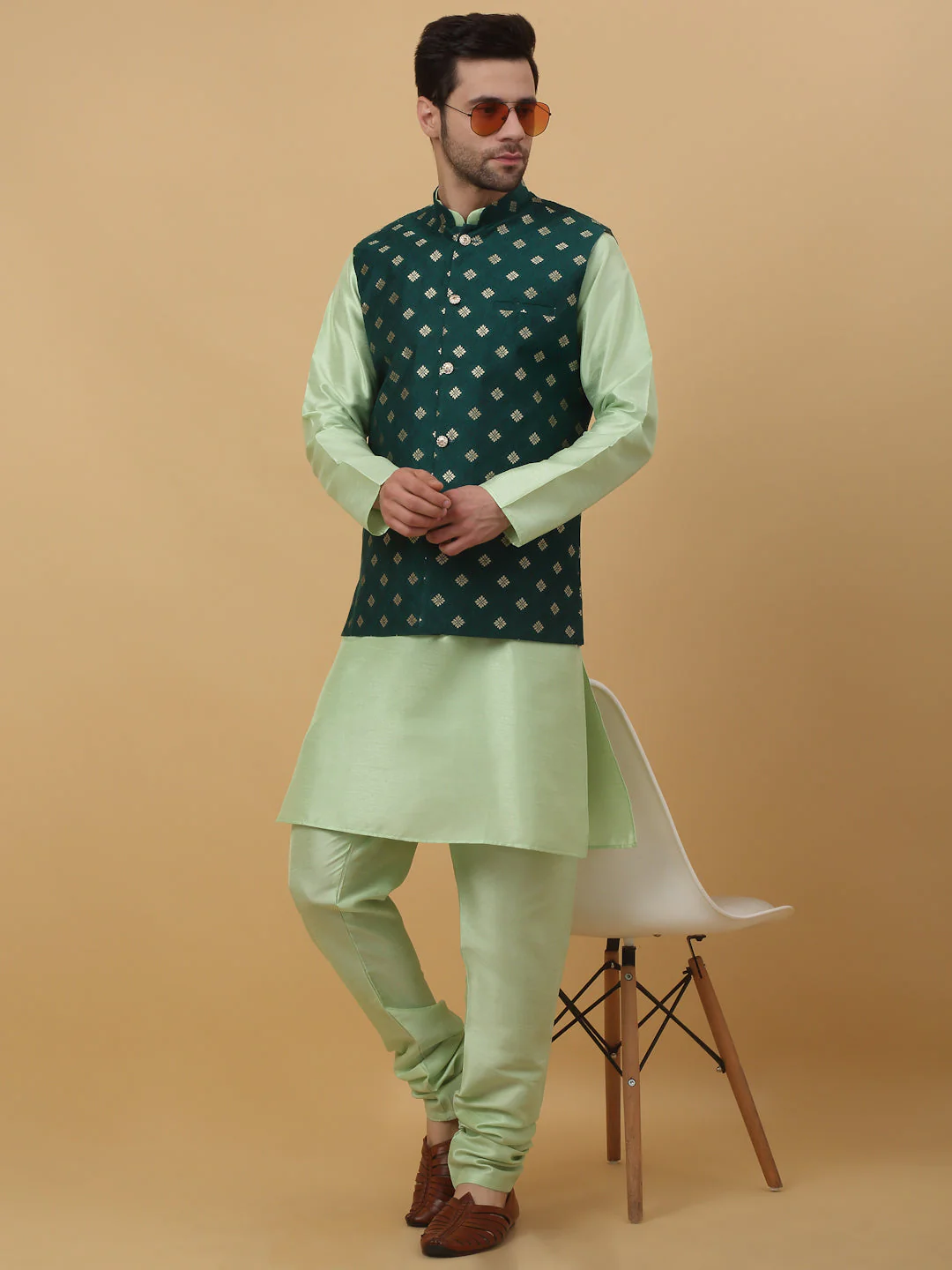 KRAFT INDIA Men's Silk Blend Sea Green Kurta, Churidar with Jacquard Silk Blend Floral Print Nehru Jacket Set - Image 15
