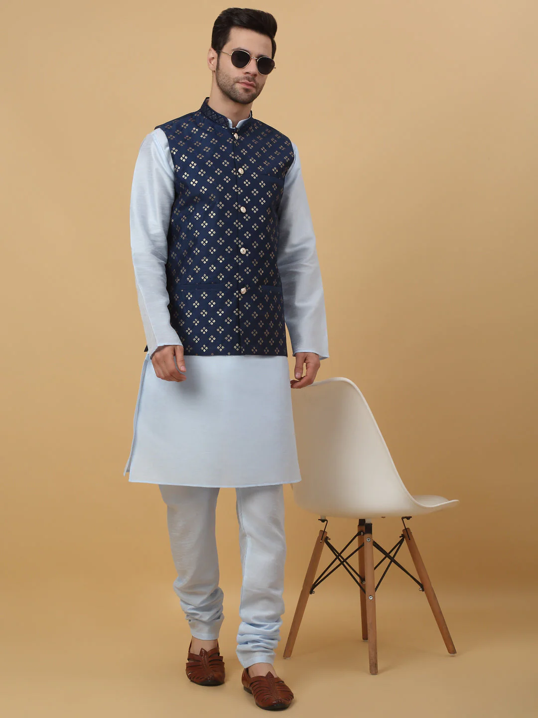 KRAFT INDIA Men's Silk Blend Sky Blue Kurta, Churidar with Cotton Silk Embroided Sequenced Nehru Jacket Set - Image 6