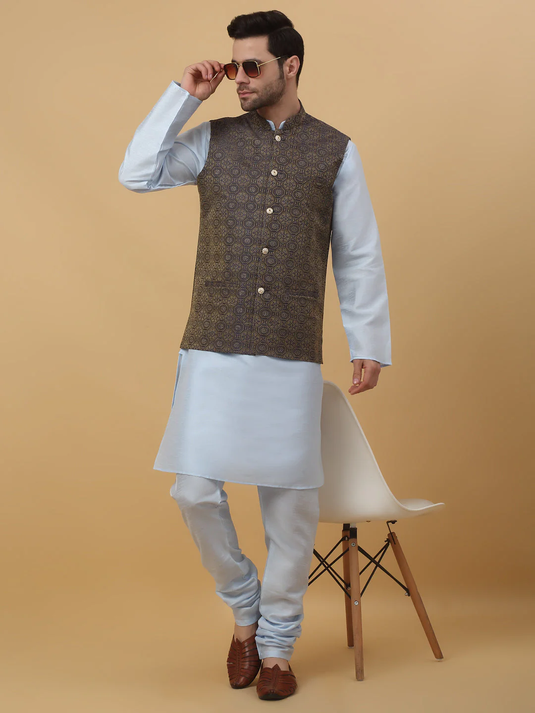 KRAFT INDIA Men's Silk Blend Sky Blue Kurta, Churidar with Jacquard Bandhani Silk Blend Nehru Jacket Set - Image 16
