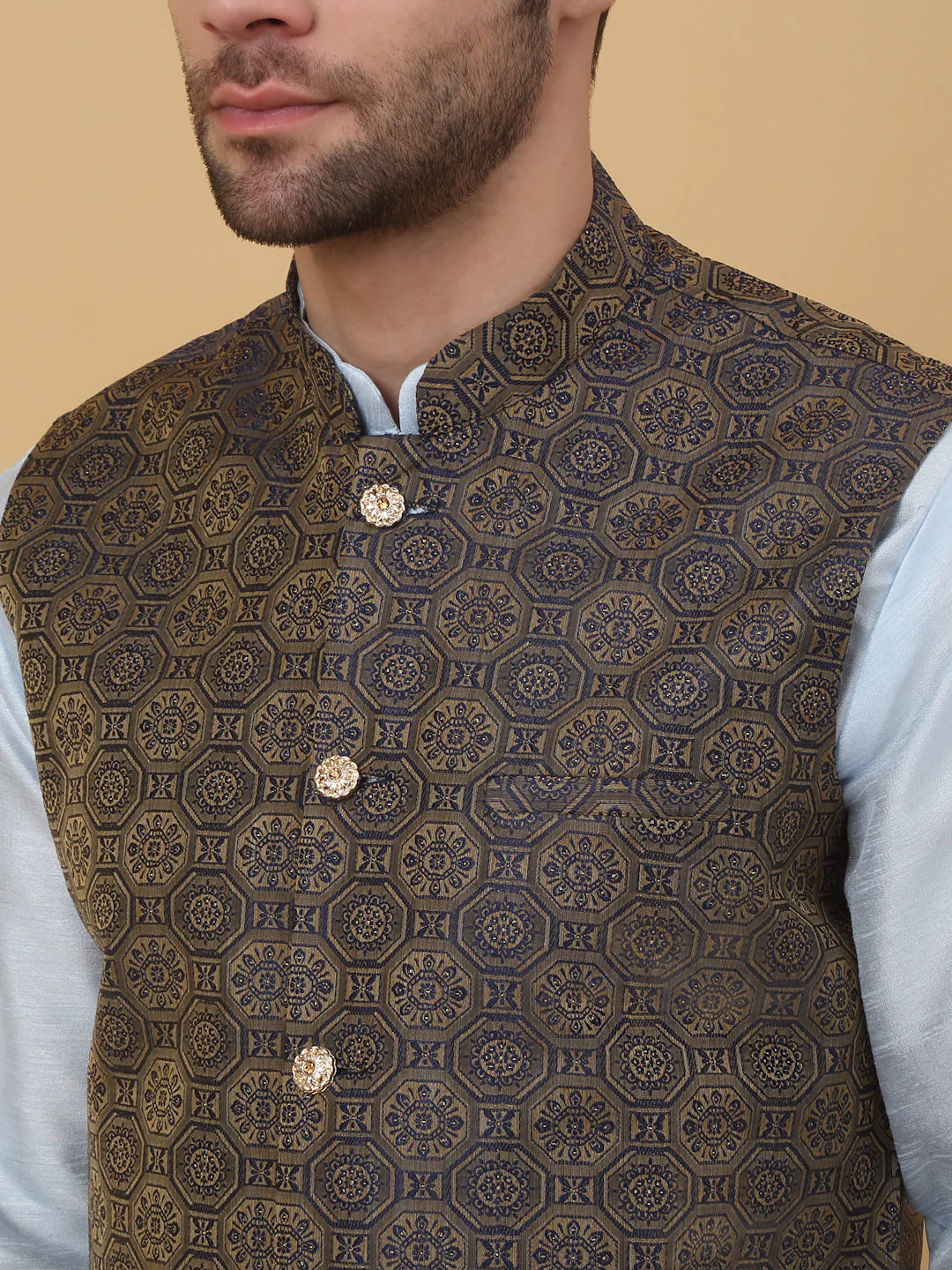 KRAFT INDIA Men's Silk Blend Sky Blue Kurta, Churidar with Jacquard Bandhani Silk Blend Nehru Jacket Set - Image 3