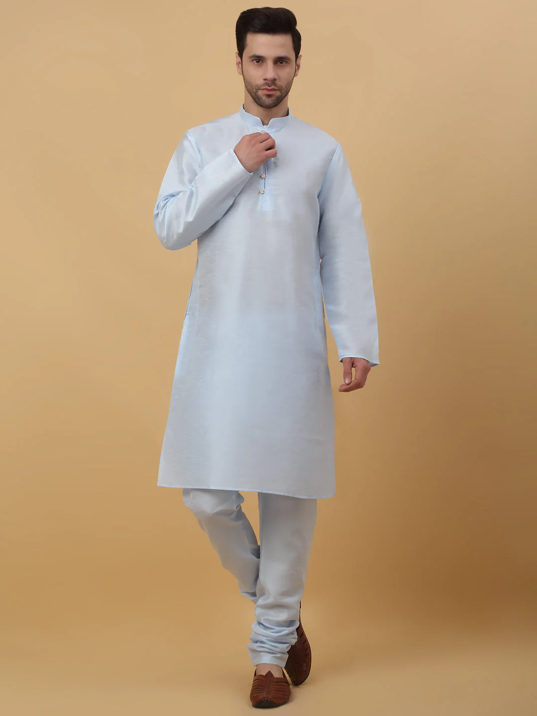 KRAFT INDIA Men's Silk Blend Sky Blue Kurta, Churidar with Jacquard Bandhani Silk Blend Nehru Jacket Set - Image 4