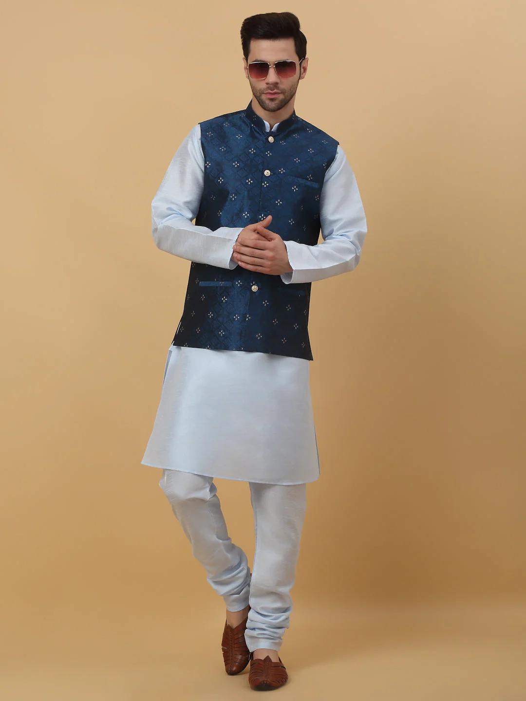 KRAFT INDIA Men's Silk Blend Sky Blue Kurta, Churidar with Jacquard Silk Blend Floral Nehru Jacket Set - Image 27