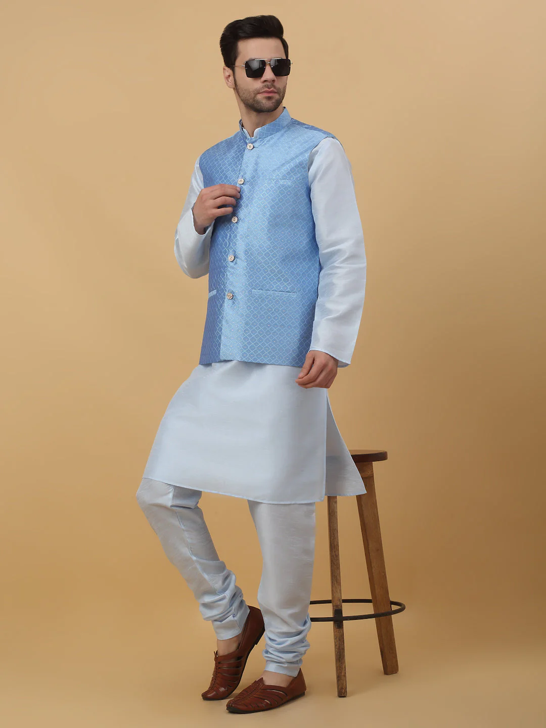 KRAFT INDIA Men's Silk Blend Sky Blue Kurta, Churidar With Silk Blend Geometric Nehru Jacket set
