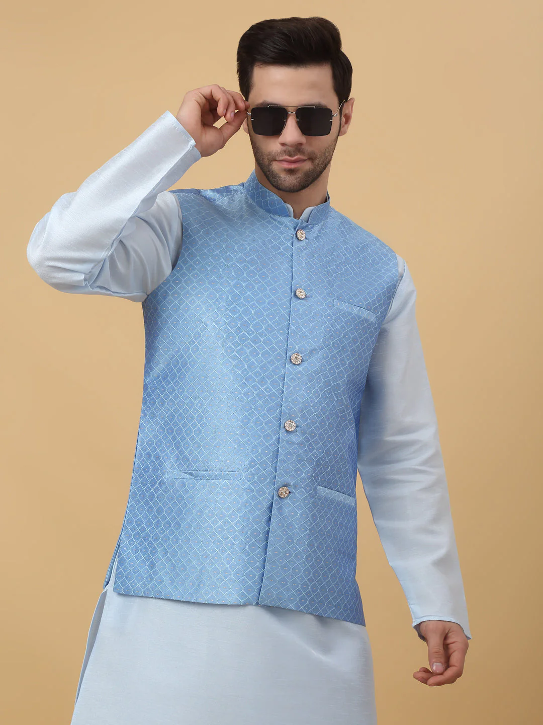 KRAFT INDIA Men's Silk Blend Sky Blue Kurta, Churidar With Silk Blend Geometric Nehru Jacket set - Image 5