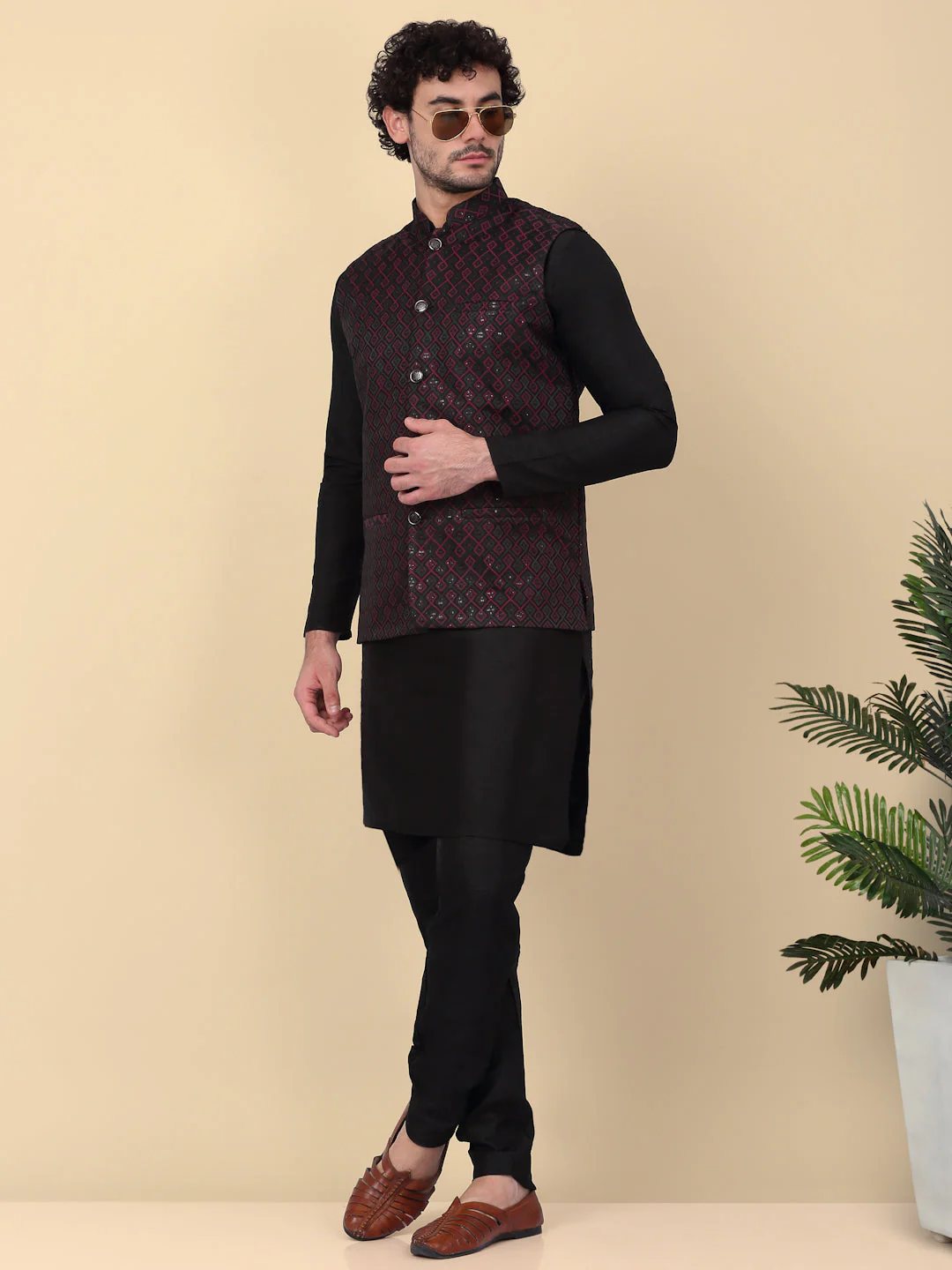 KRAFT INDIA Men's Silk Blend Solid Knee Length Black Kurta Churidar With Jacquard Embroidered Sequins Nehru Jacket Set - Image 125