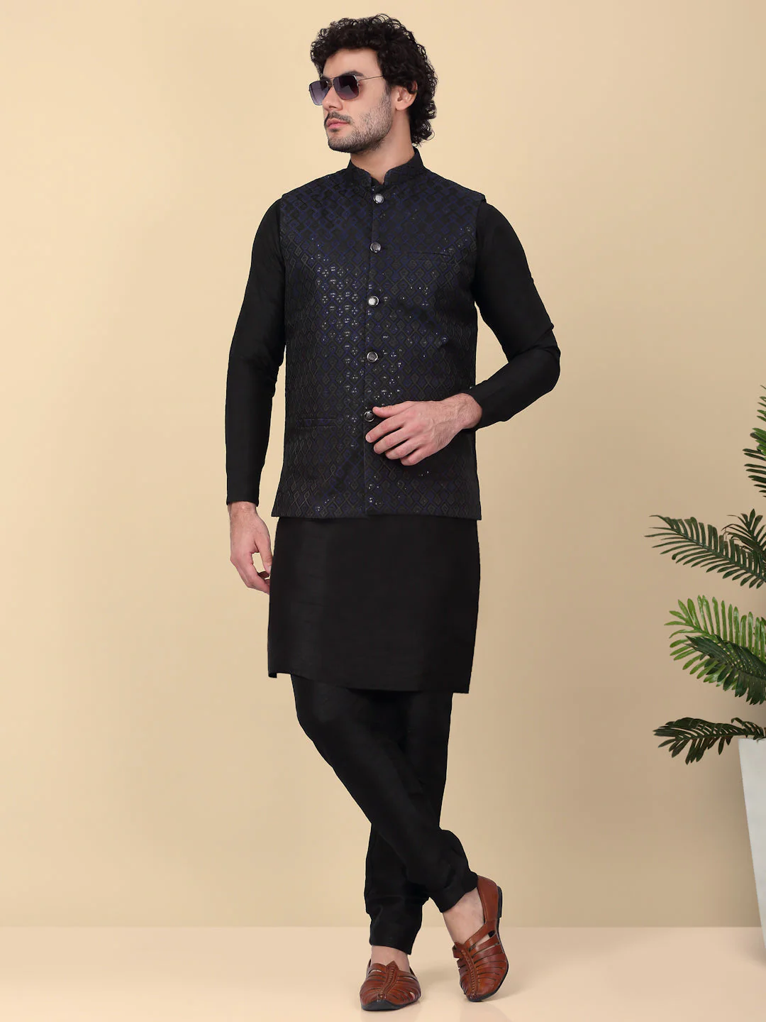 KRAFT INDIA Men's Silk Blend Solid Knee Length Black Kurta Churidar With Jacquard Embroidered Sequins Nehru Jacket Set - Image 201