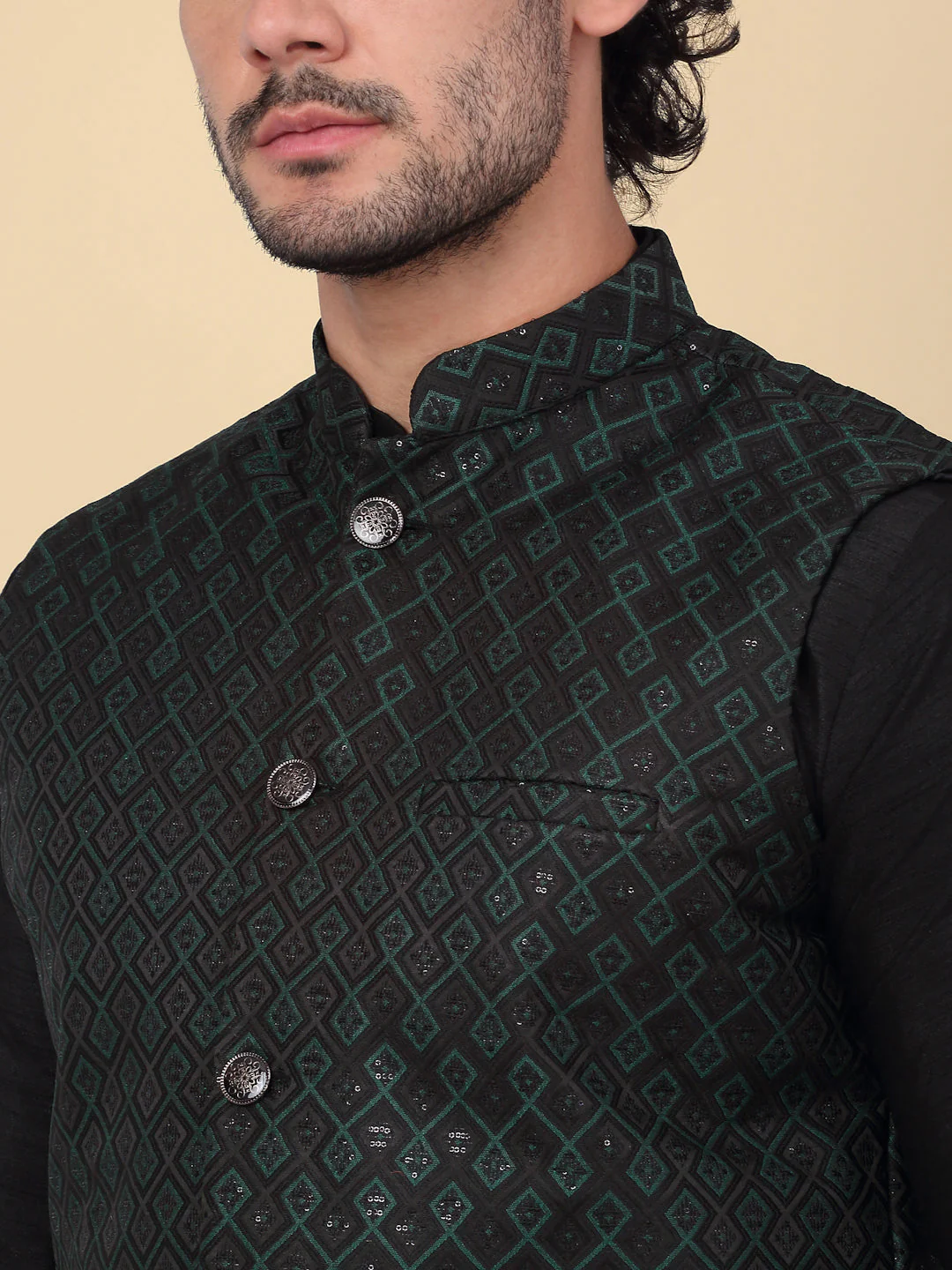 KRAFT INDIA Men's Silk Blend Solid Knee Length Black Kurta Churidar With Jacquard Embroidered Sequins Nehru Jacket Set - Image 3