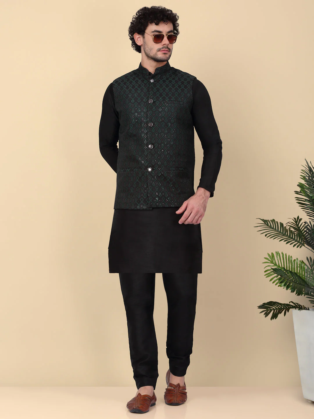 KRAFT INDIA Men's Silk Blend Solid Knee Length Black Kurta Churidar With Jacquard Embroidered Sequins Nehru Jacket Set - Image 78