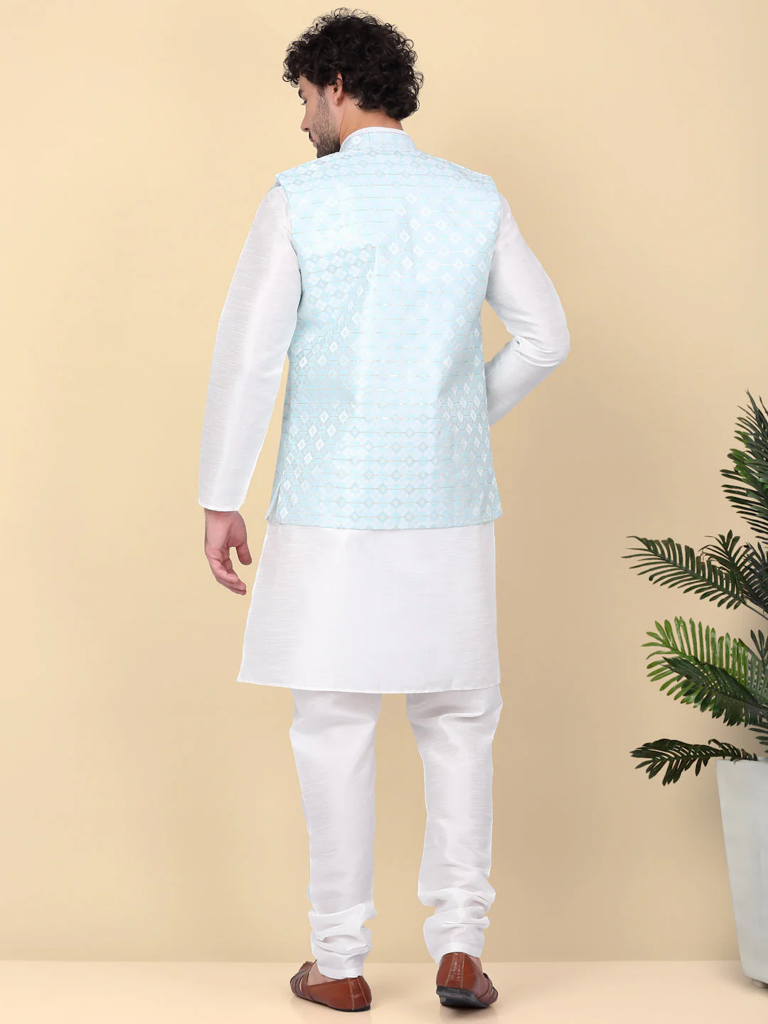 KRAFT INDIA Men's Silk Blend Solid Knee Length Cream Kurta Churidar With Jacquard Sequins Nehru Jacket Set - Image 10