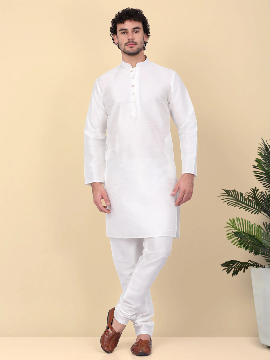 KRAFT INDIA Men's Silk Blend Solid Knee Length Cream Kurta Churidar With Jacquard Sequins Nehru Jacket Set - Image 12