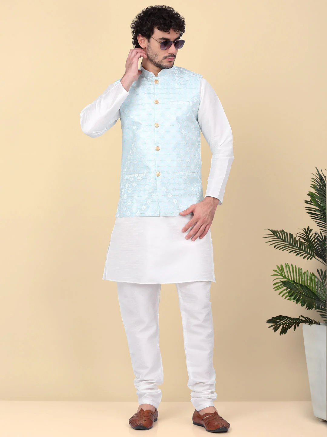 KRAFT INDIA Men's Silk Blend Solid Knee Length Cream Kurta Churidar With Jacquard Sequins Nehru Jacket Set - Image 127