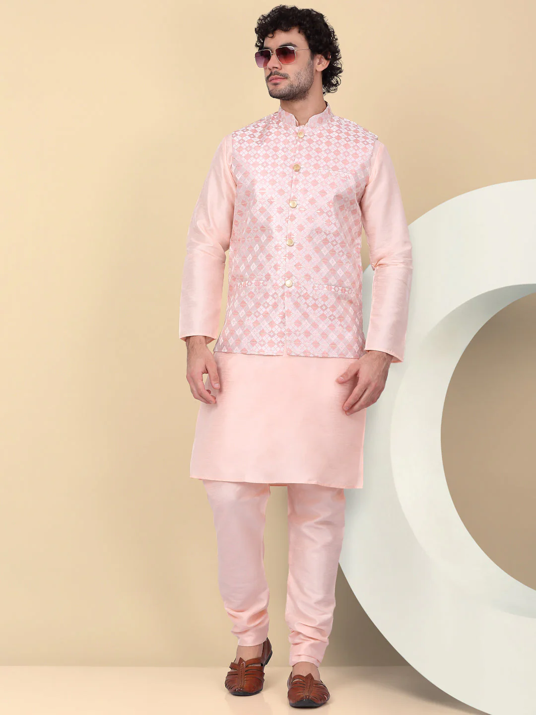 KRAFT INDIA Men's Silk Blend Solid Knee Length Cream Kurta Churidar With Jacquard Sequins Nehru Jacket Set - Image 177