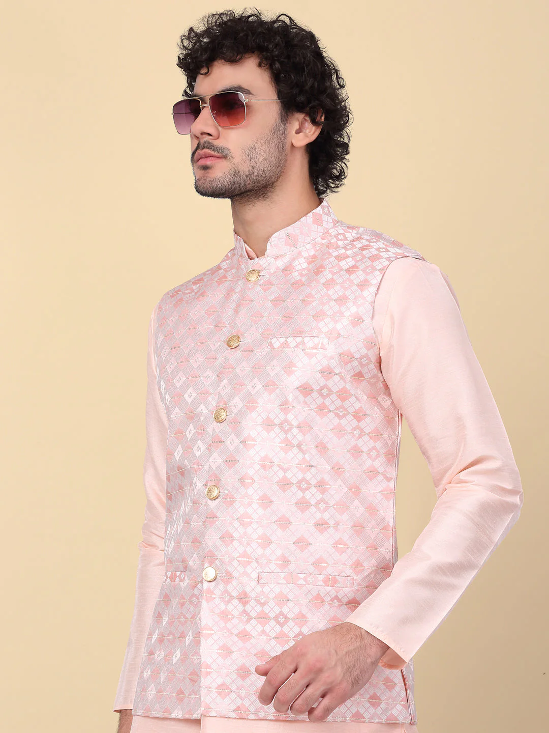 KRAFT INDIA Men's Silk Blend Solid Knee Length Cream Kurta Churidar With Jacquard Sequins Nehru Jacket Set - Image 18