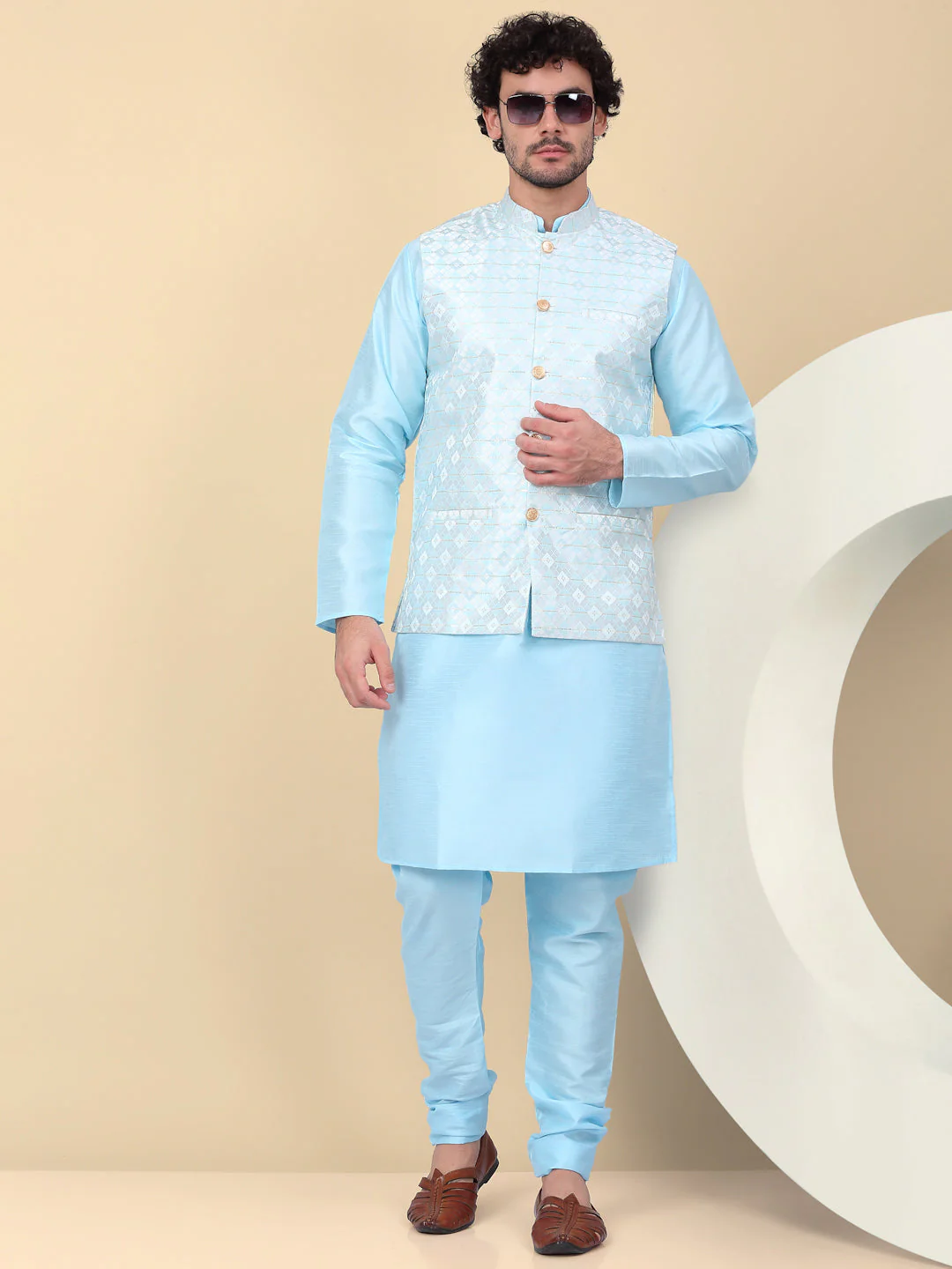 KRAFT INDIA Men's Silk Blend Solid Knee Length Cream Kurta Churidar With Jacquard Sequins Nehru Jacket Set - Image 200