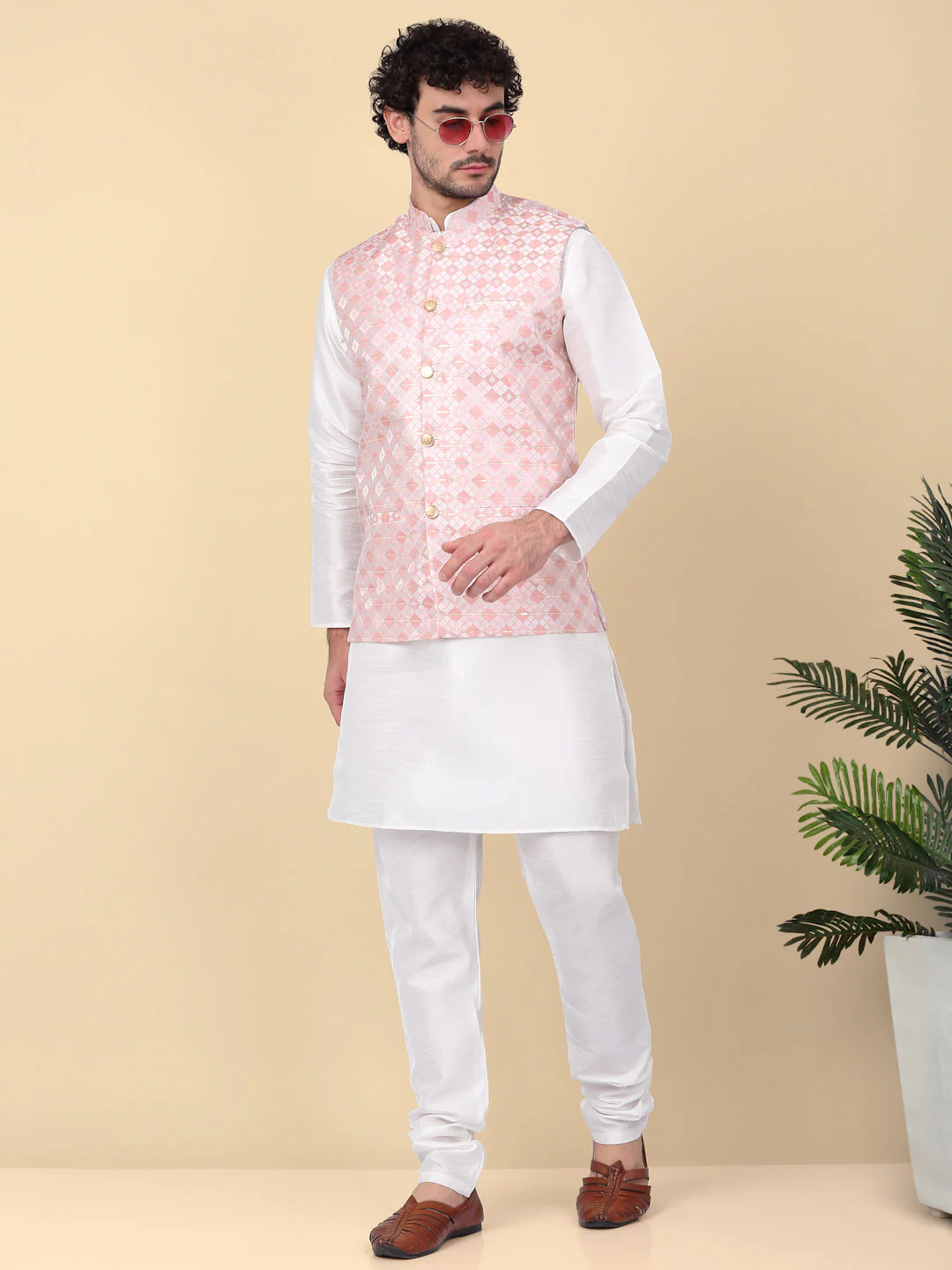 KRAFT INDIA Men's Silk Blend Solid Knee Length Cream Kurta Churidar With Jacquard Sequins Nehru Jacket Set - Image 201