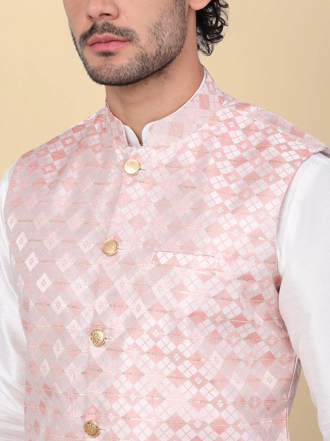 KRAFT INDIA Men's Silk Blend Solid Knee Length Cream Kurta Churidar With Jacquard Sequins Nehru Jacket Set - Image 7