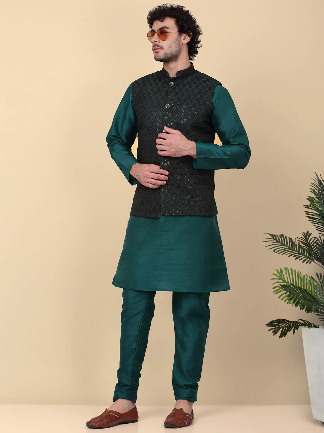 KRAFT INDIA Men's Silk Blend Solid Knee Length Kurta Churidar With Jacquard Embroidered Sequins Nehru Jacket Set - Image 113