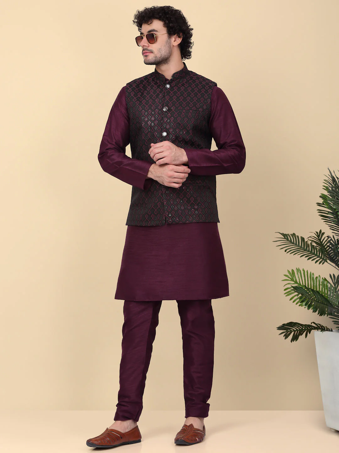 KRAFT INDIA Men's Silk Blend Solid Knee Length Kurta Churidar With Jacquard Embroidered Sequins Nehru Jacket Set - Image 67