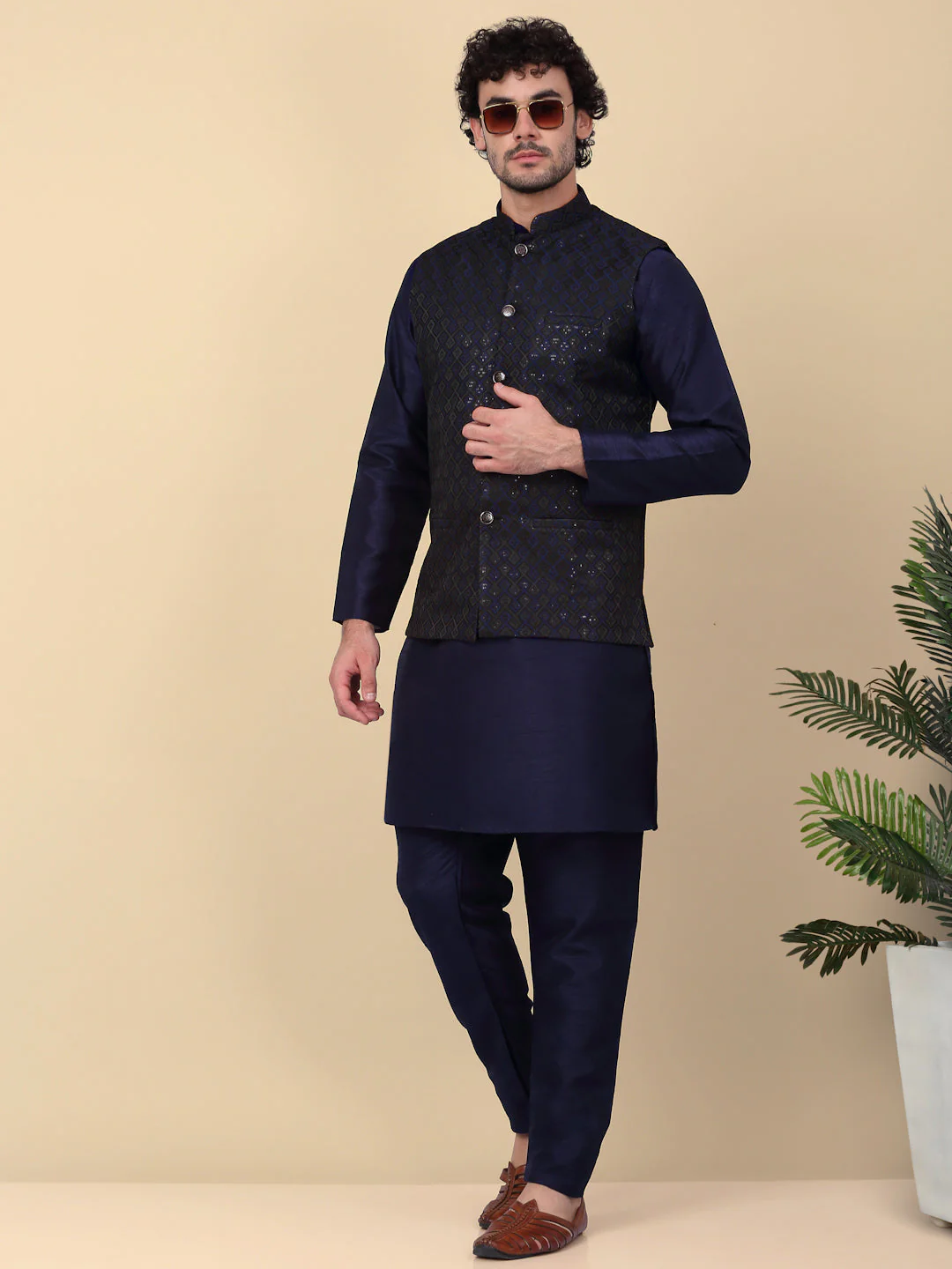 KRAFT INDIA Men's Silk Blend Solid Knee Length Kurta Churidar With Jacquard Embroidered Sequins Nehru Jacket Set - Image 96