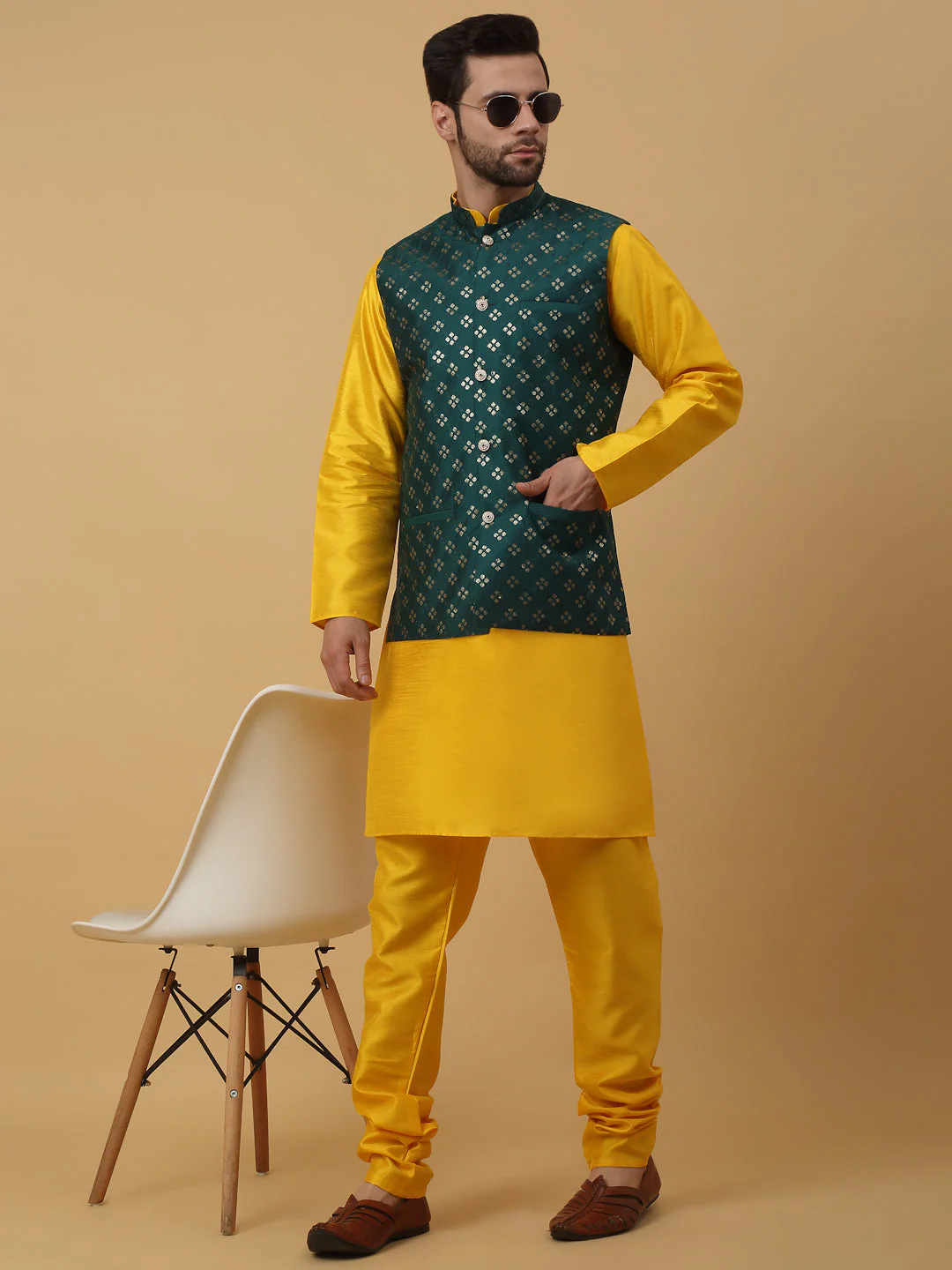KRAFT INDIA Men's Silk Blend Yellow Kurta, Churidar with Cotton Silk Embroided Sequenced Nehru Jacket Set