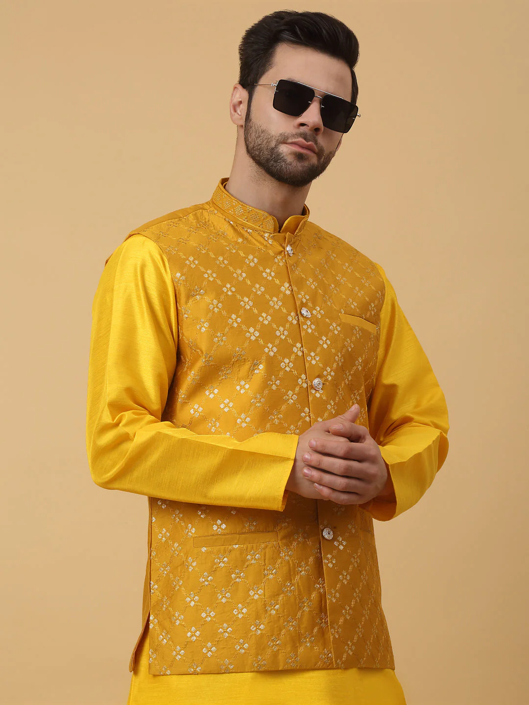 KRAFT INDIA Men's Silk Blend Yellow Kurta, Churidar with Cotton Silk Embroided Sequenced Nehru Jacket Set - Image 10