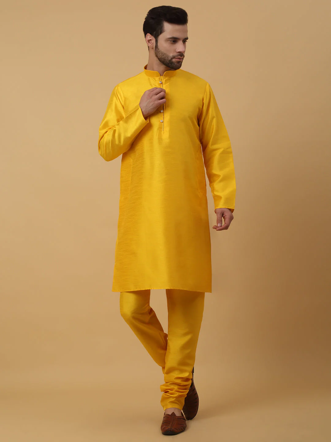 KRAFT INDIA Men's Silk Blend Yellow Kurta, Churidar with Cotton Silk Embroided Sequenced Nehru Jacket Set - Image 9