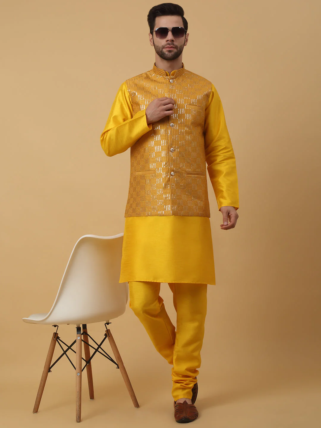 KRAFT INDIA Men's Silk Blend Yellow Kurta, Churidar With Cotton Silk Sequenced Embroided Nehru Jacket set